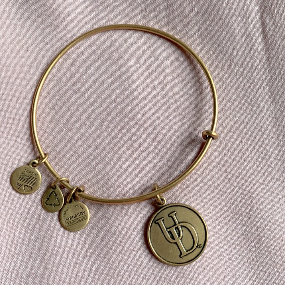 Alex and Ani UD bracelet in gold.